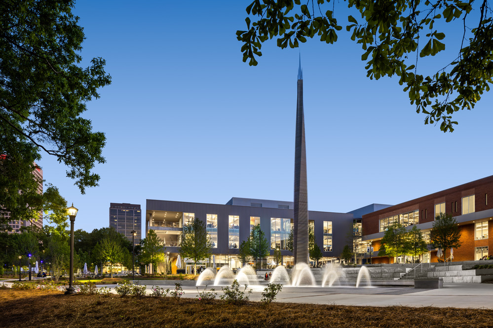 A building and tower at evening time